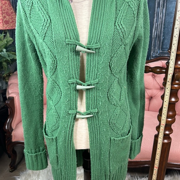 Sagey dusty green cardigan sweater, cable knit toggle buttons pockets and hood - Picture 9 of 9